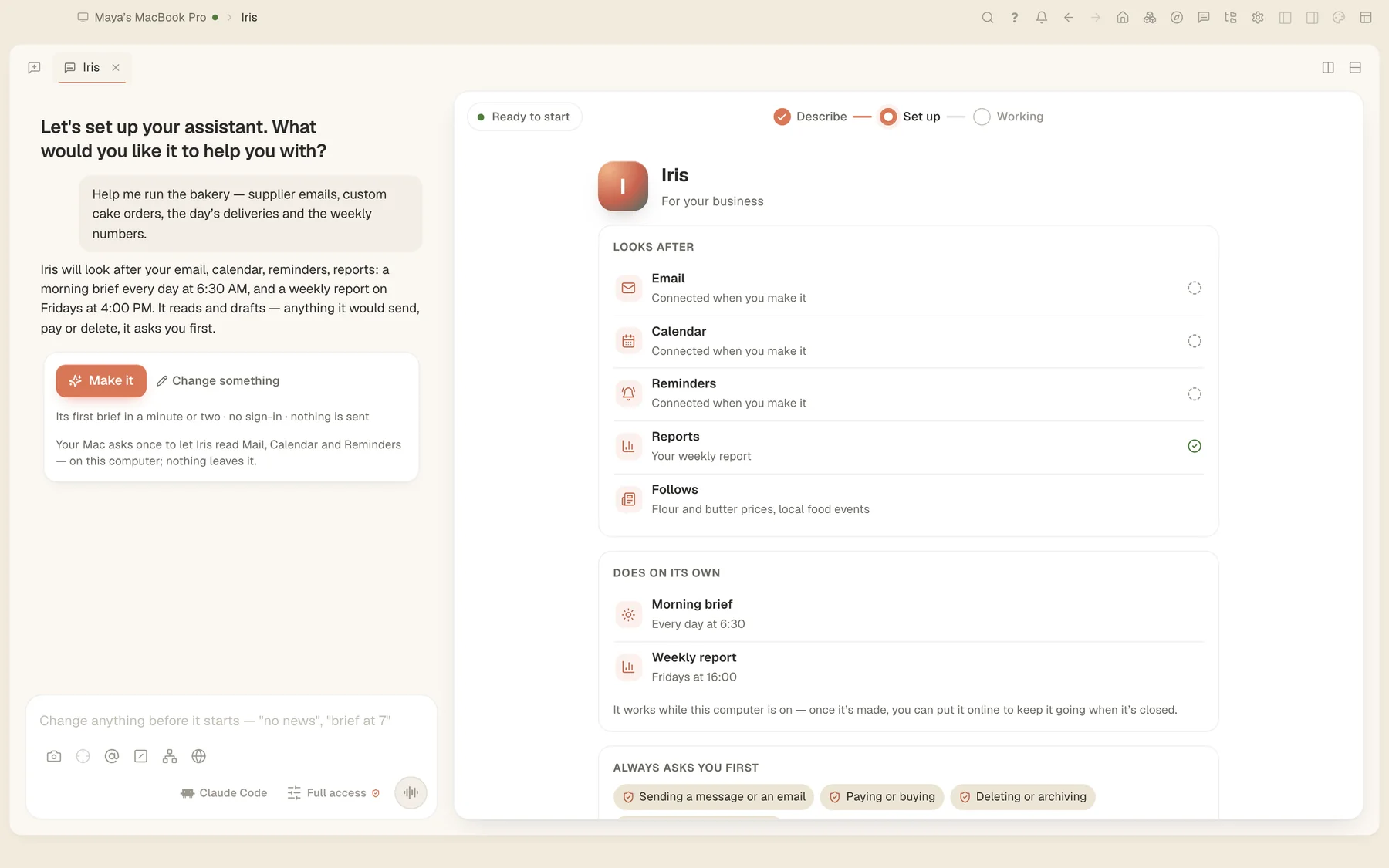 The personal-assistant maker: naming the assistant and choosing where it answers.