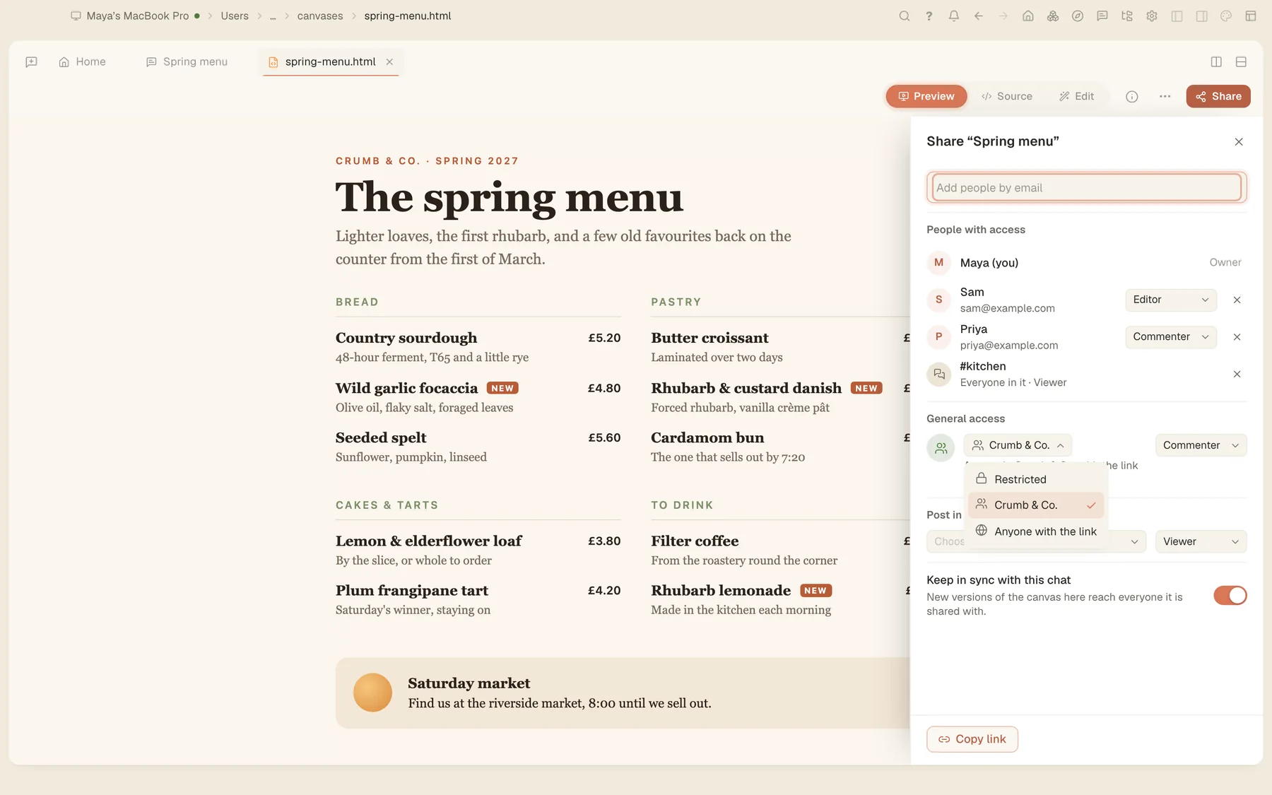 Sharing a canvas: general access set to anyone with the link, with viewer, commenter and editor roles.