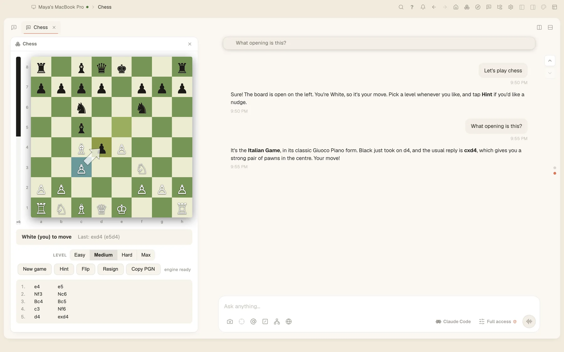 A chess board running in a panel beside the conversation.