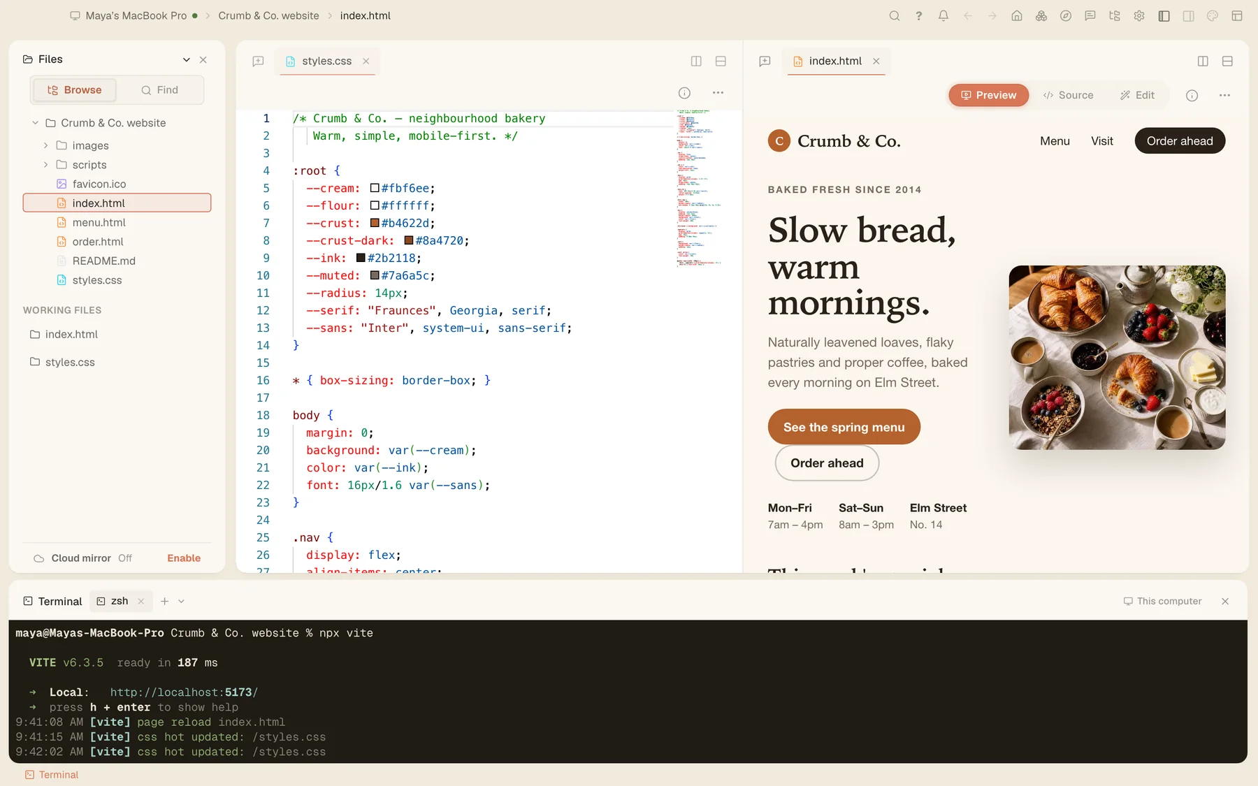 The bakery site's stylesheet in the code editor, its live preview, and a terminal.