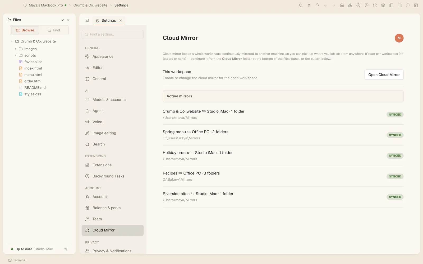 Folder sync settings listing five folders, all in sync.