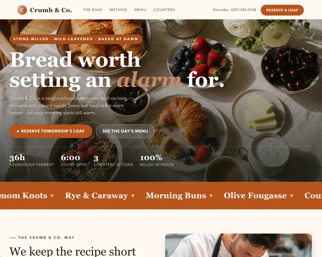 The first screen of a finished bakery website: a headline over a photo of the morning bake, a button to reserve a loaf, and four key figures along the bottom.